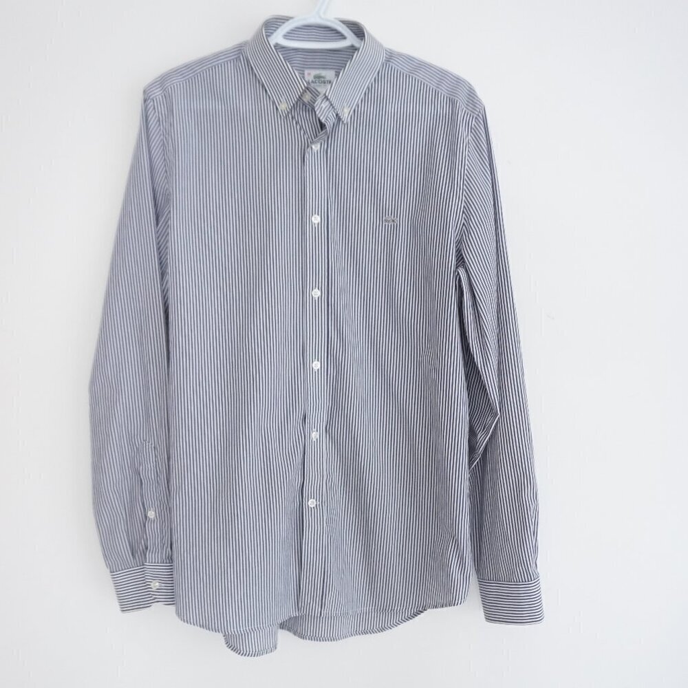 Lacoste Gray White Pinstripe Classic Fit Cotton Button Down Dress Shirt Size 39